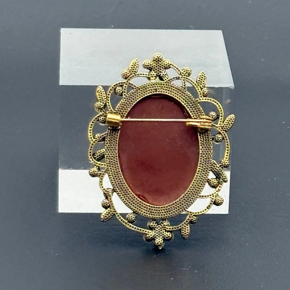 Vintage Gold Tone Rhinestone Cameo Brooch Victorian Style Lady Portrait Pin